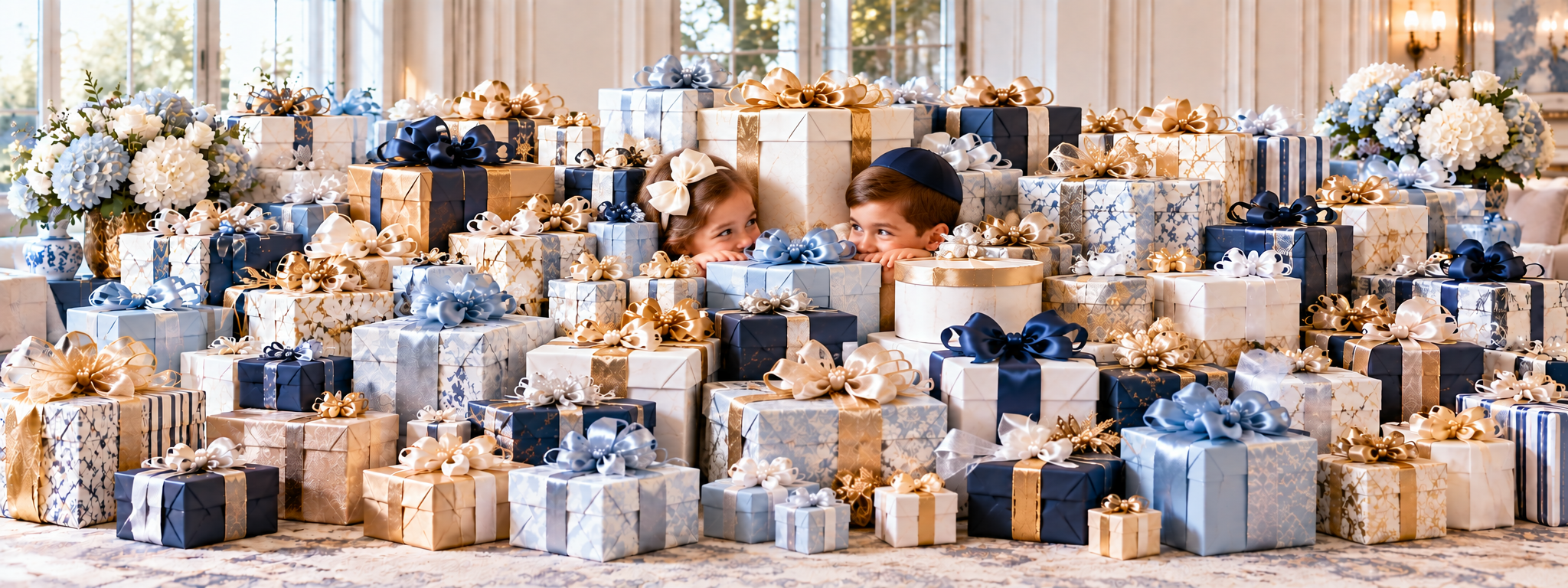 Two children peeking out from a pile of navy, gold and silver wrapped gifts